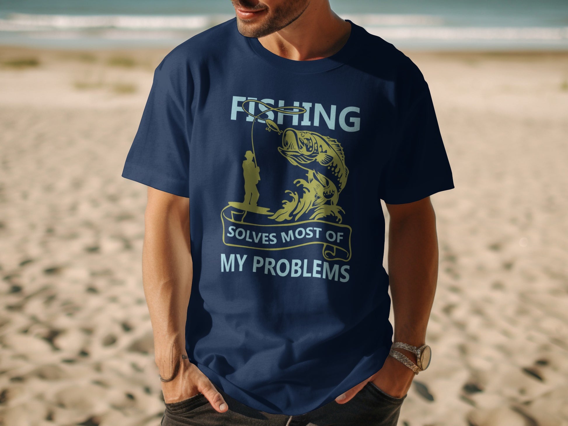 Navy t-shirt with fishing graphic and text "FISHING SOLVES MOST OF MY PROBLEMS".