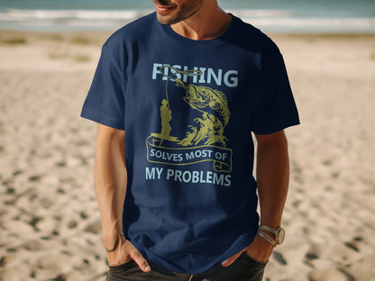 Navy t-shirt with fishing graphic and text "FISHING SOLVES MOST OF MY PROBLEMS".