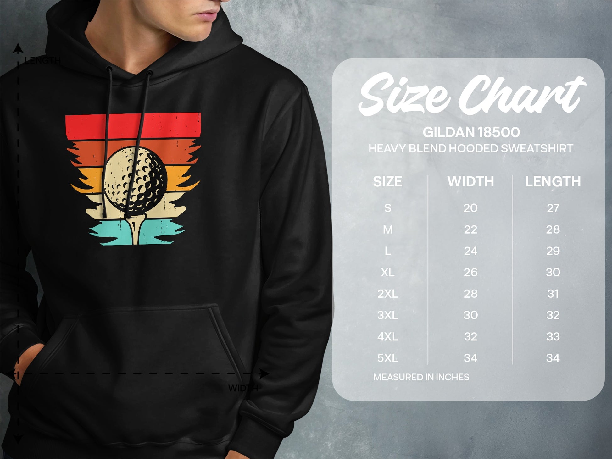 Gildan 18500 size chart for heavy blend hooded sweatshirts.