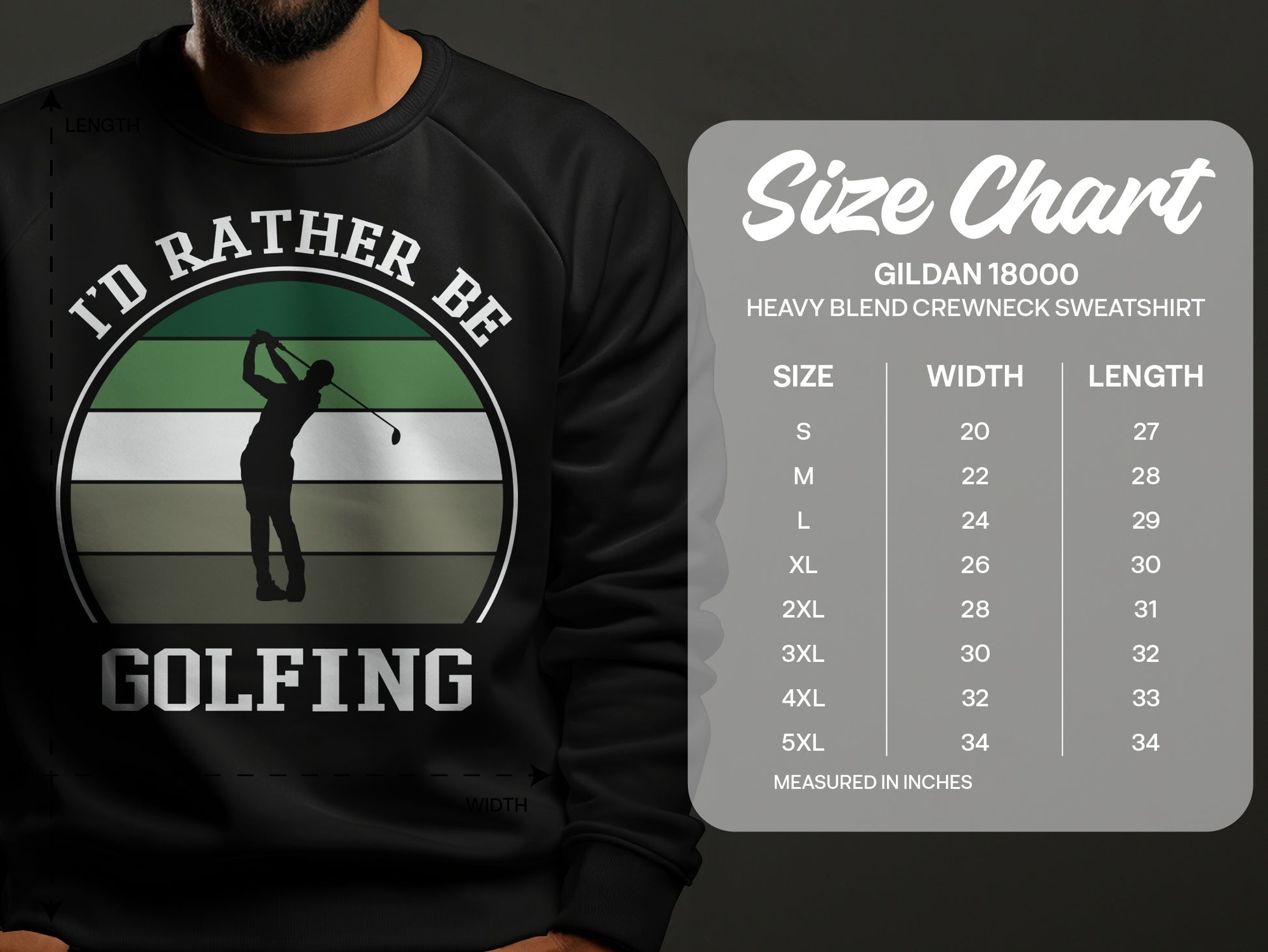 Gildan 18000 sweatshirt size chart with golf graphic.