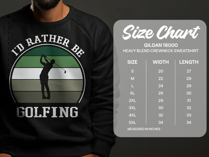 Gildan 18000 sweatshirt size chart with golf graphic.