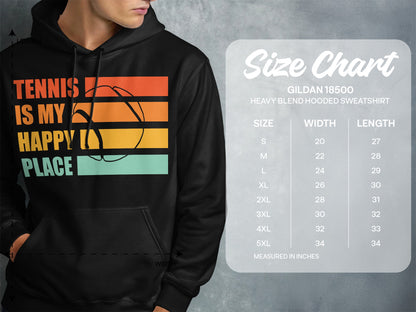 Hoodie with "Tennis is my happy place" graphic and size chart.