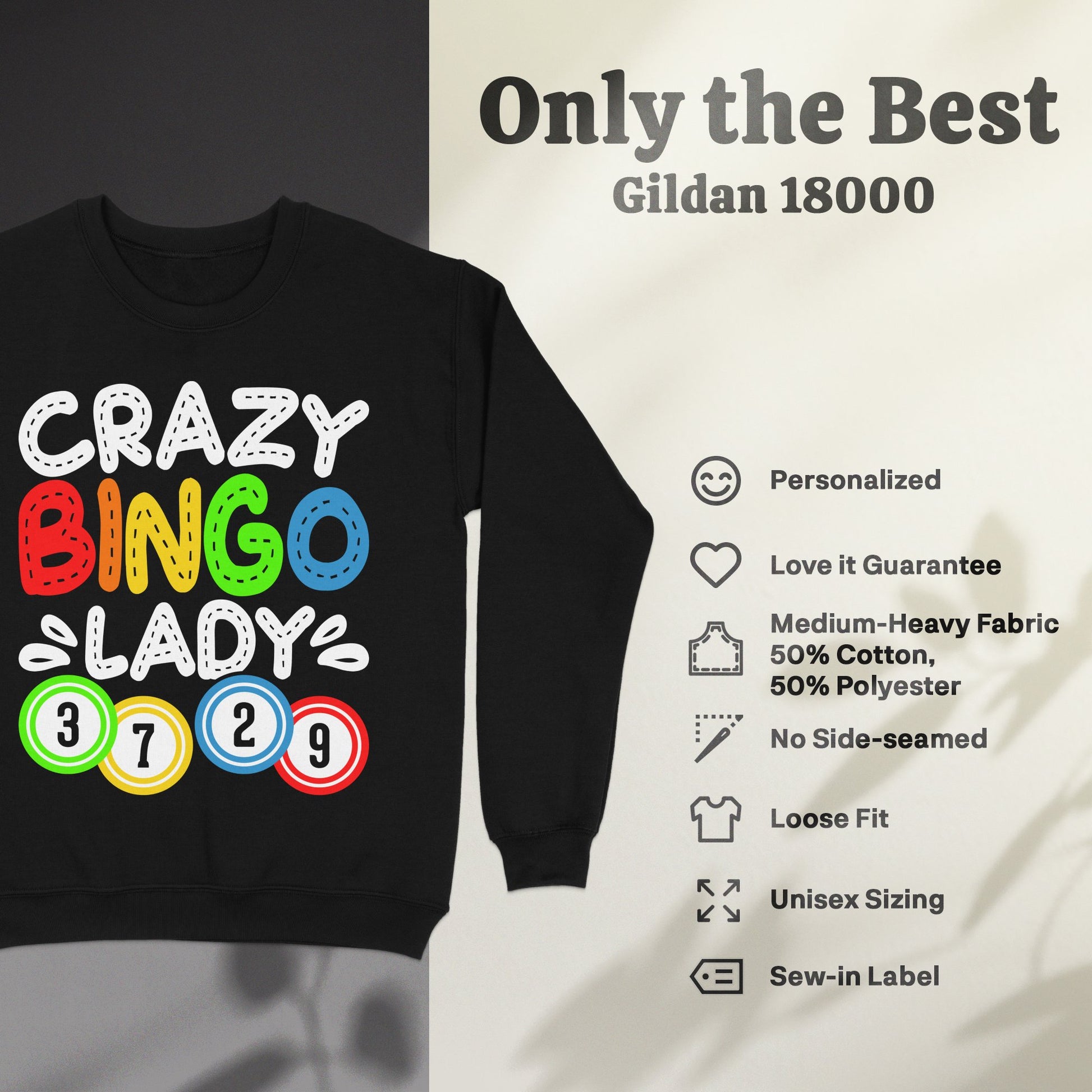 Black sweatshirt with "Crazy Bingo Lady" and colorful bingo balls.