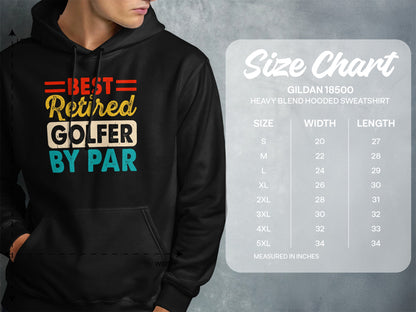 Hoodie size chart with "Best Retired Golfer by Par" graphic.