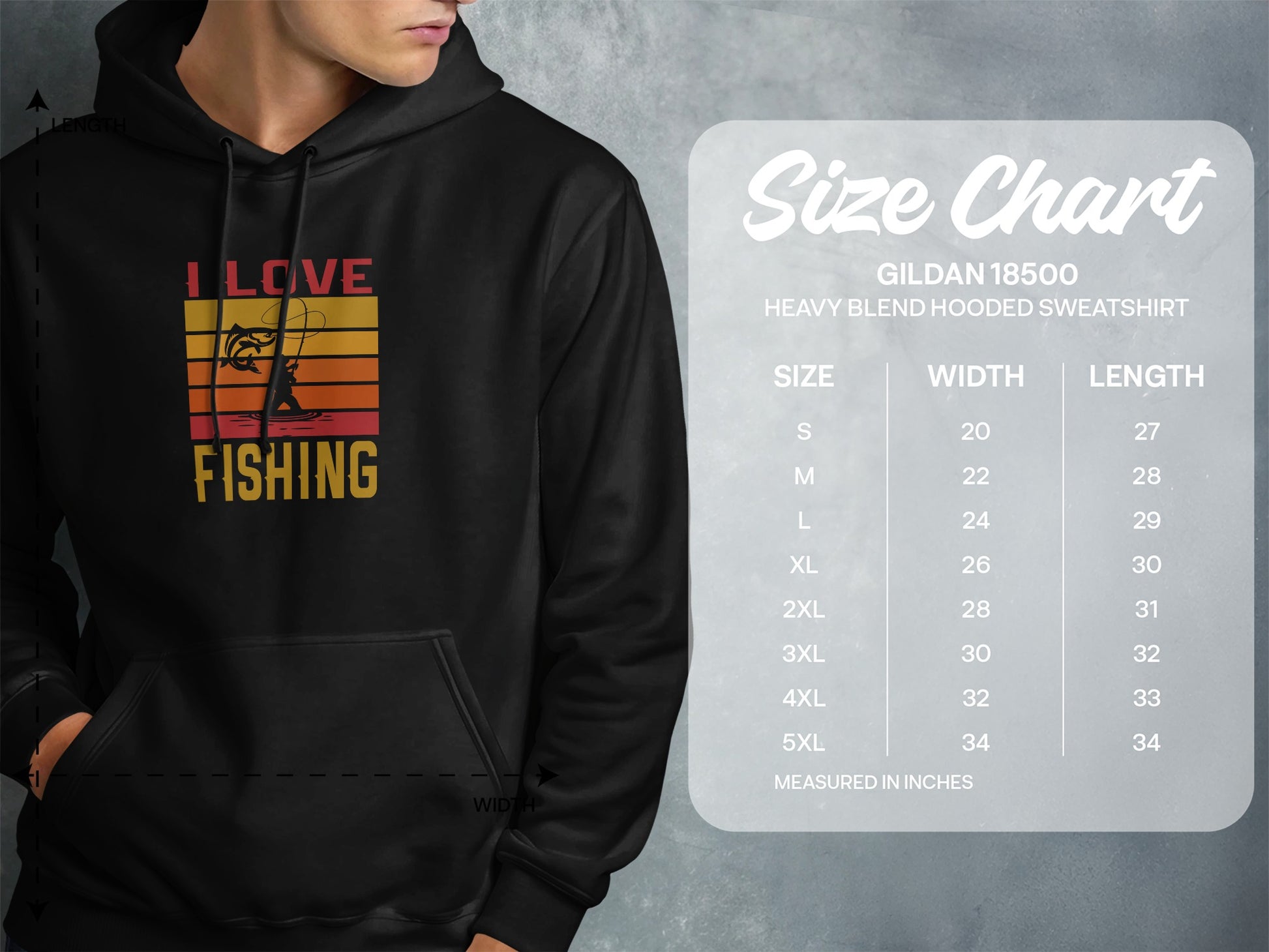 Hoodie with "I Love Fishing" graphic next to a size chart for Gildan 18500 sweatshirts.