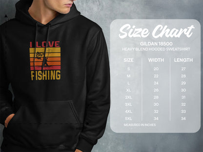 Hoodie with "I Love Fishing" graphic next to a size chart for Gildan 18500 sweatshirts.