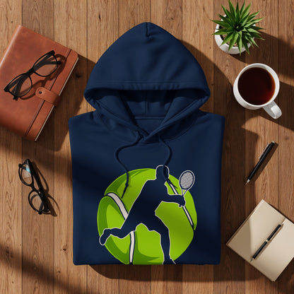 Navy hoodie with a tennis player silhouette inside a large green tennis ball graphic.