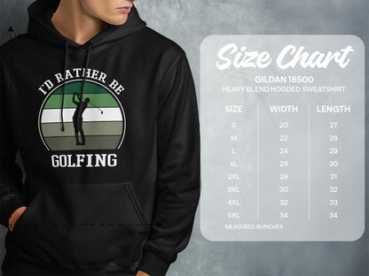 Men's hoodie size chart with golf graphic and text "I'd Rather Be Golfing".