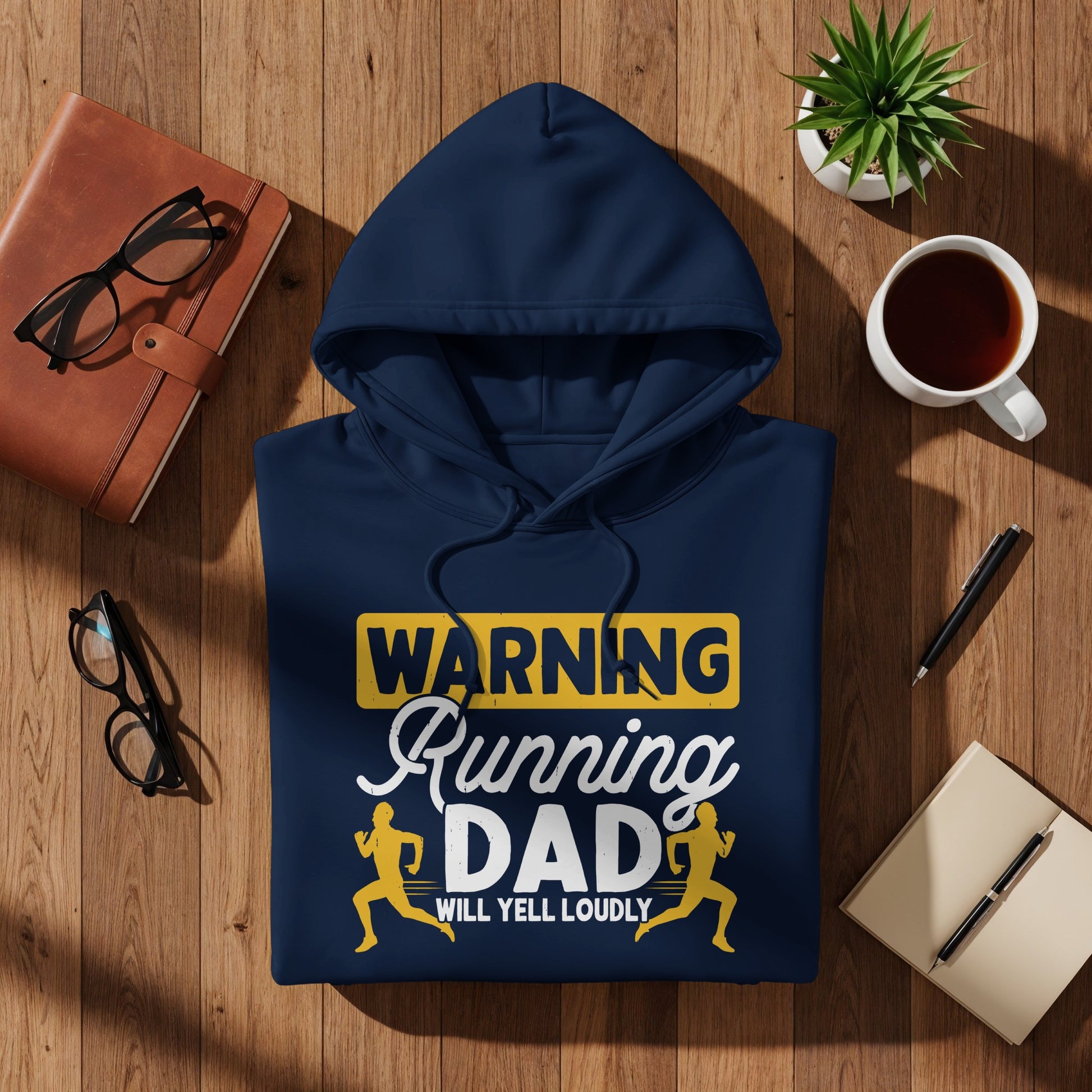 Navy hoodie with "Warning Running Dad Will Yell Loudly" graphic.