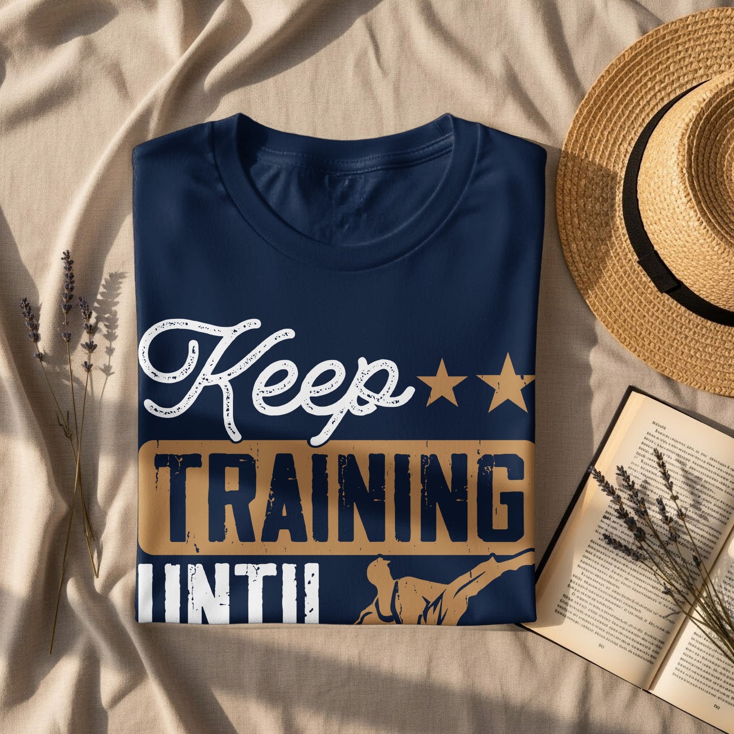 Navy t-shirt with "Keep TRAINING" in white and gold text, featuring a martial artist.