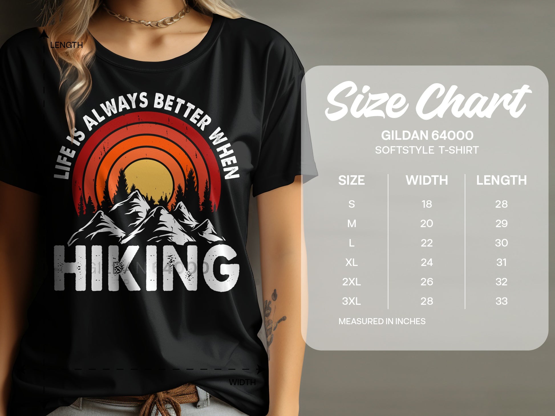 Black t-shirt with "Life is Always Better When Hiking" mountain graphic and size chart.