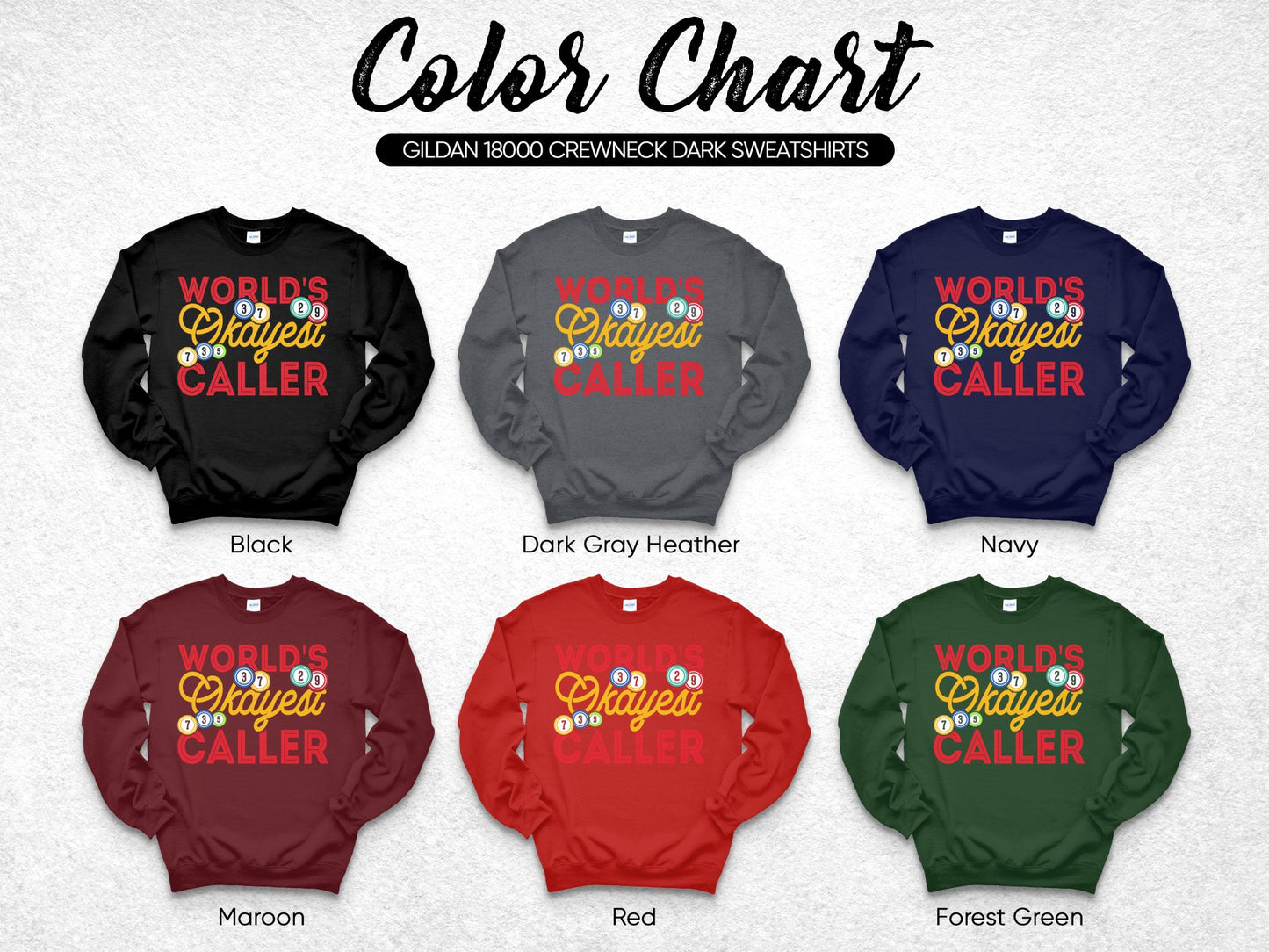 Gildan 18000 crewneck dark sweatshirts color chart with shirt swatches.