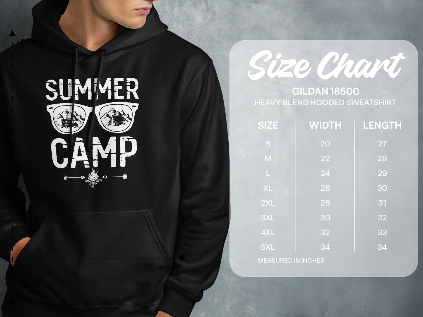 Gildan hooded sweatshirt size chart with "Summer Camp" graphic.