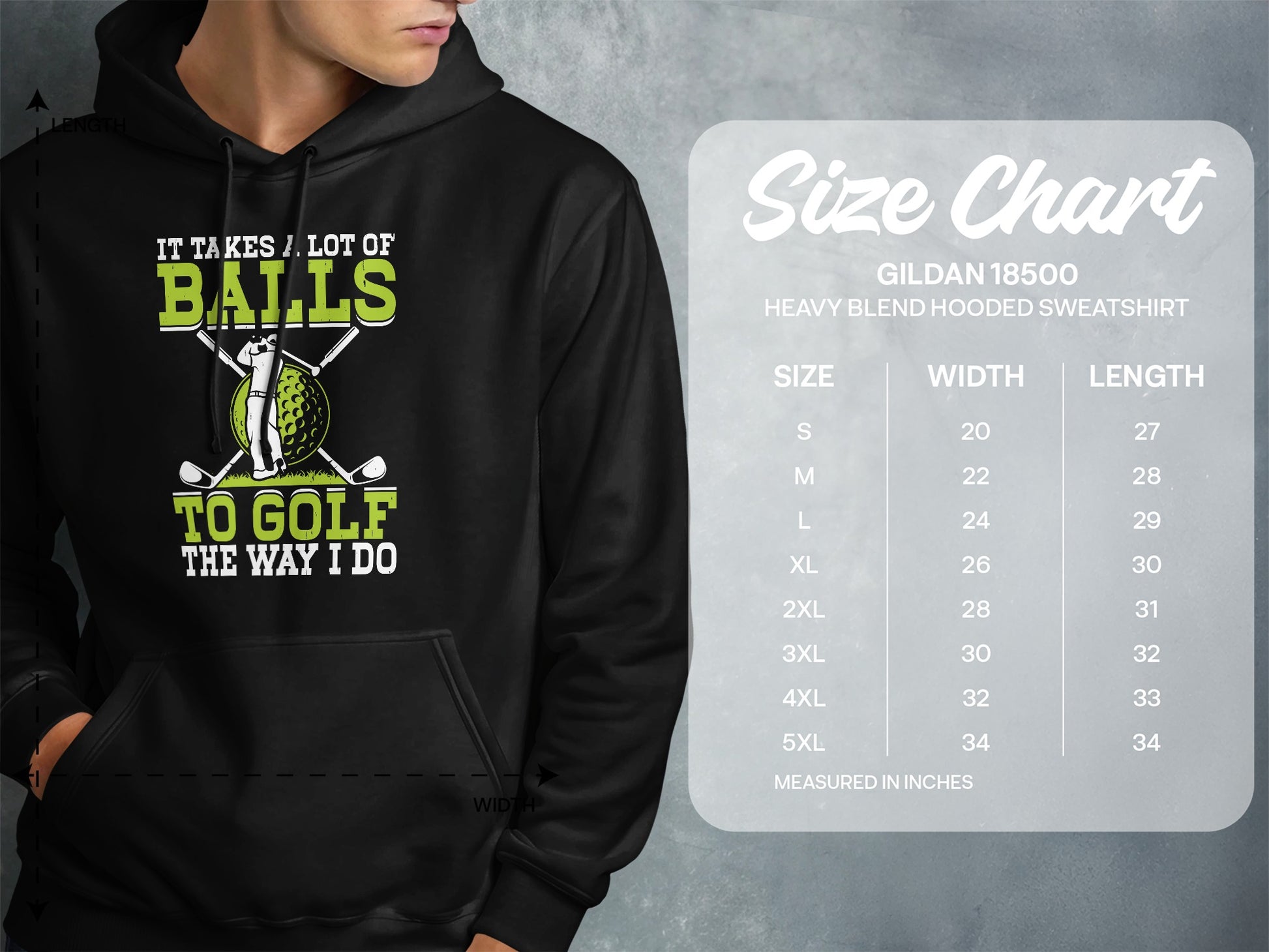 Hoodie with "It Takes a Lot of Balls to Golf" text and size chart.