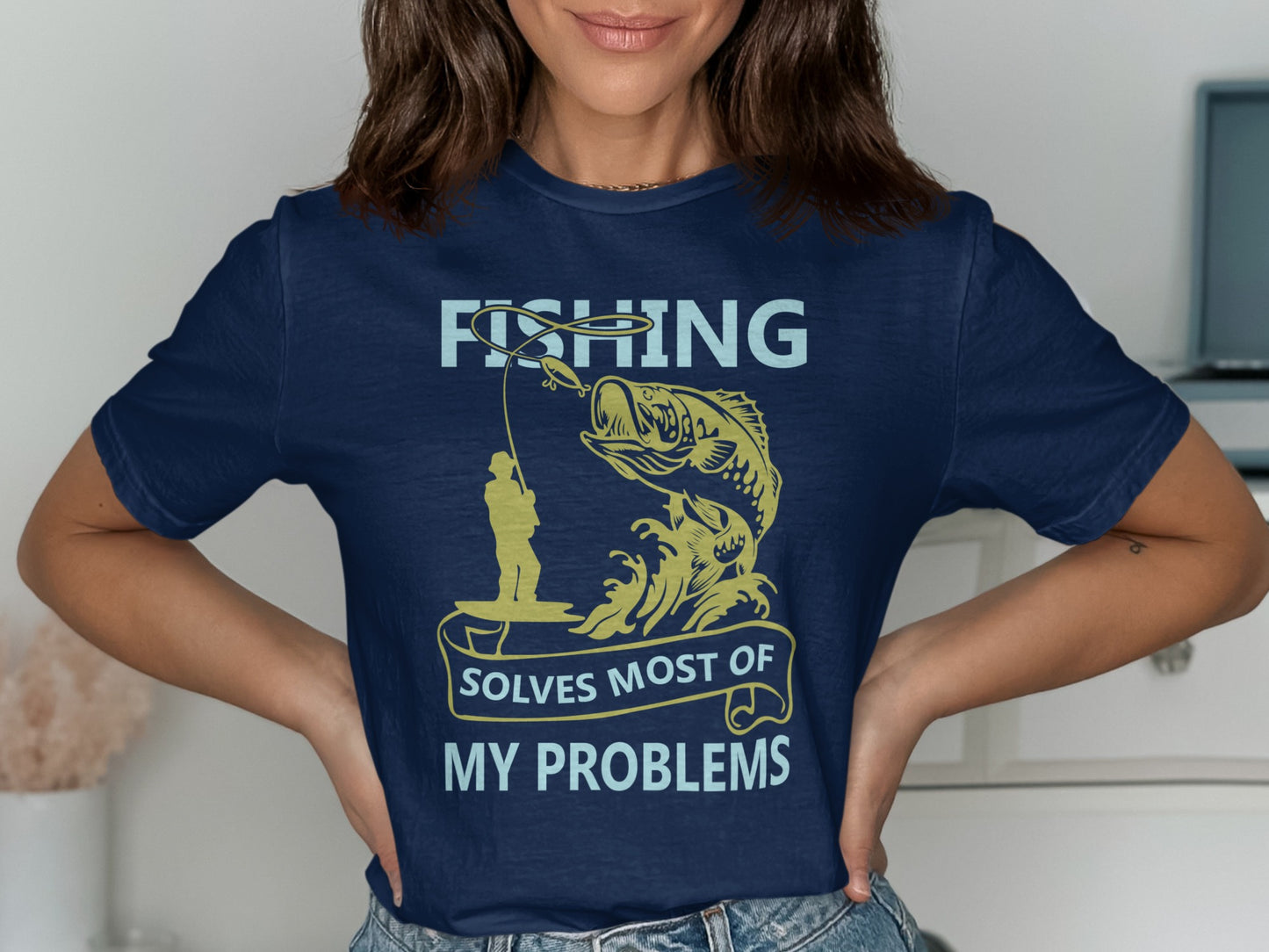 Navy t-shirt with "FISHING SOLVES MOST OF MY PROBLEMS" and a fishing graphic.