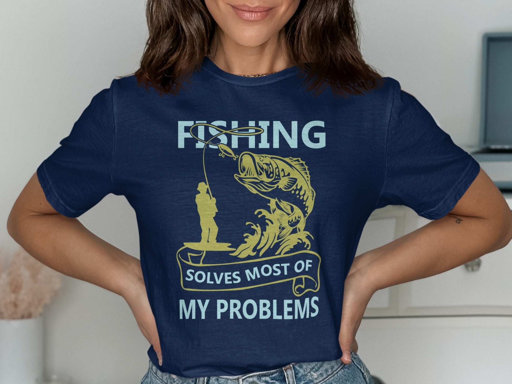 Navy t-shirt with "FISHING SOLVES MOST OF MY PROBLEMS" and a fishing graphic.