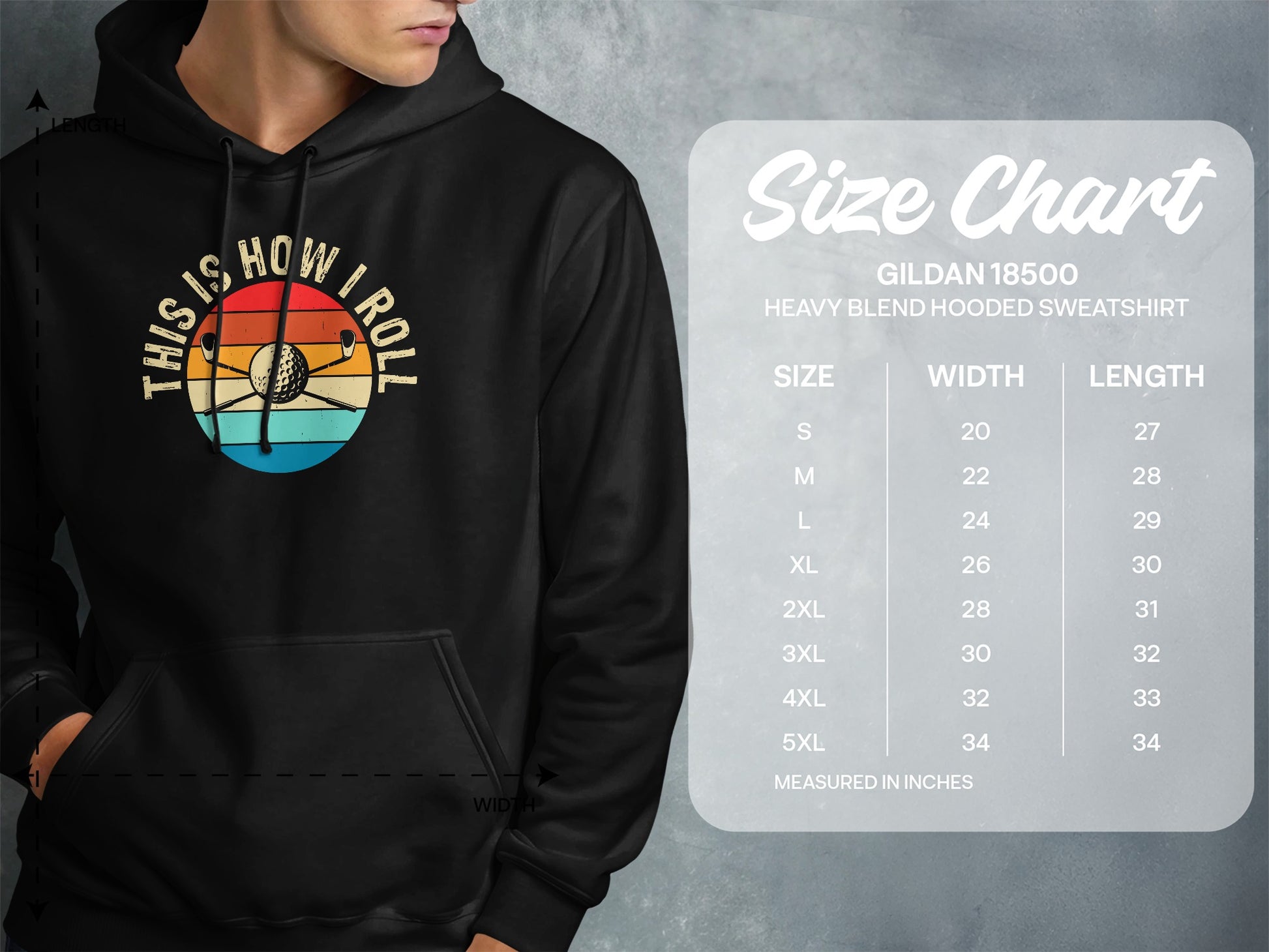 Hoodie size chart with measurements for Gildan 18500 sweatshirt.