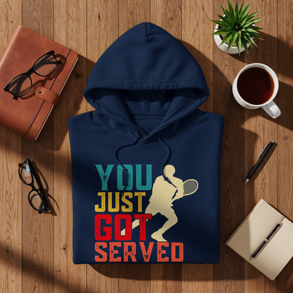 Navy hoodie with graphic text and tennis player: "YOU JUST GOT SERVED."