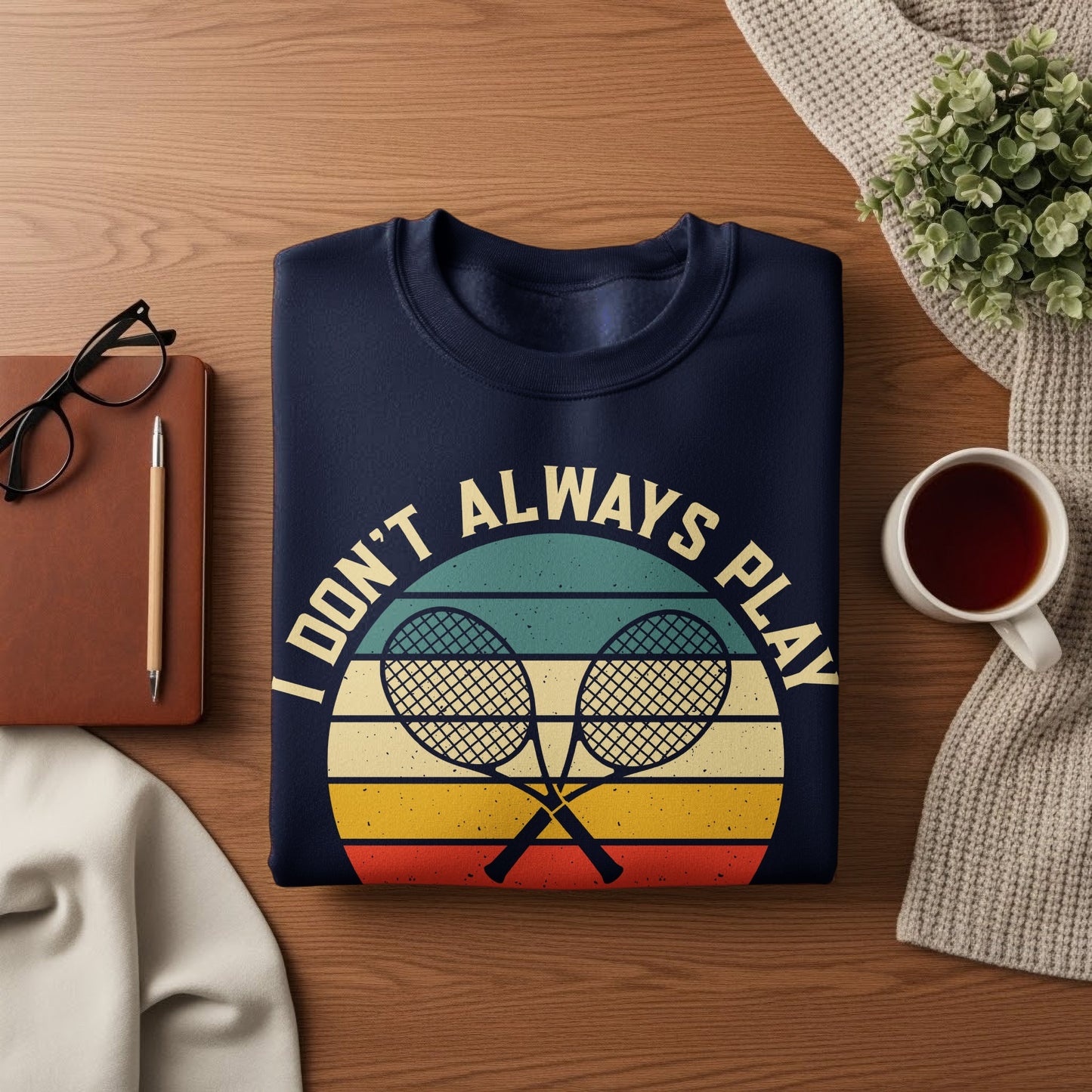 Navy sweatshirt with "I DON'T ALWAYS PLAY" tennis graphic.