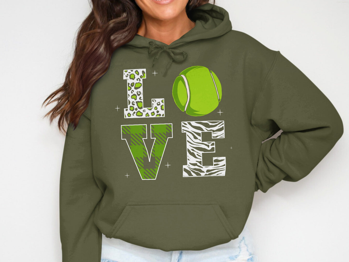 Olive green hoodie with "LOVE" graphic featuring tennis ball and animal prints.
