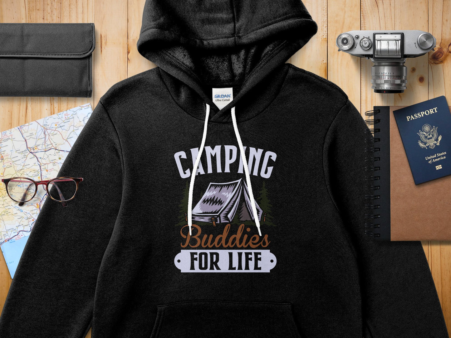 Black Gildan hoodie with "Camping Buddies For Life" graphic and tent.