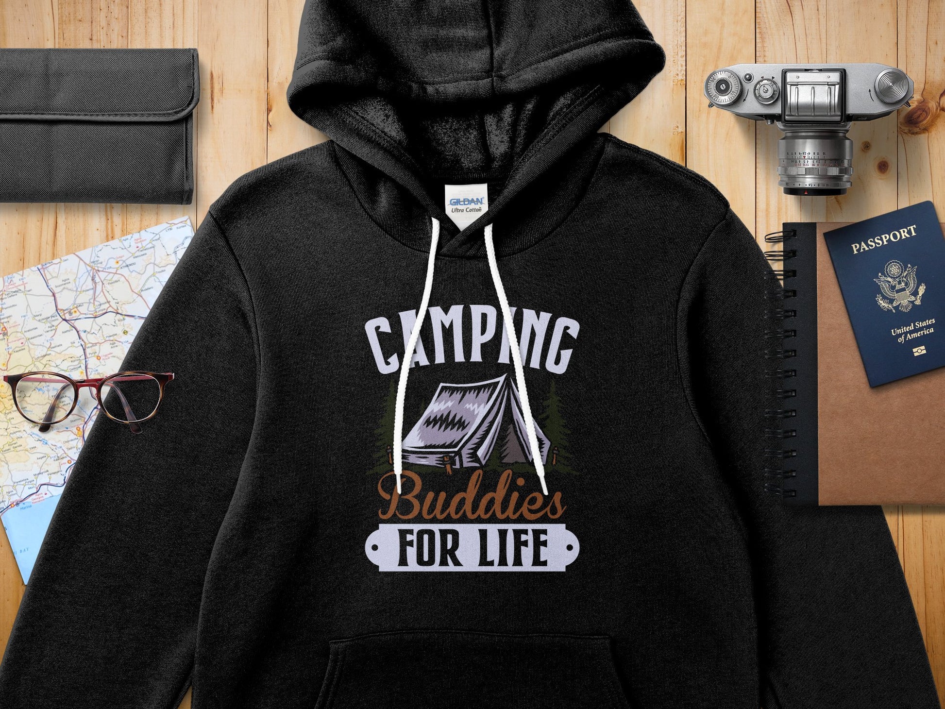 Black Gildan hoodie with "Camping Buddies For Life" graphic and tent.