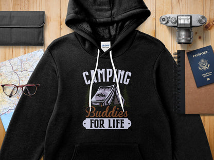 Black Gildan hoodie with "Camping Buddies For Life" graphic and tent.