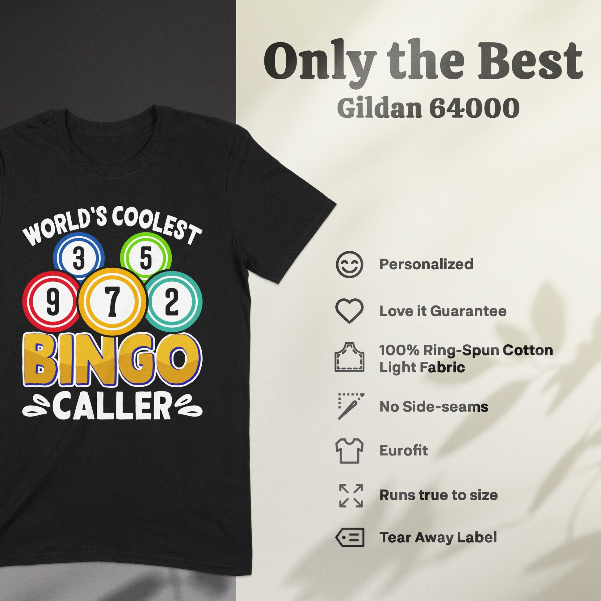 Black t-shirt with "World's Coolest Bingo Caller" slogan and bingo balls.