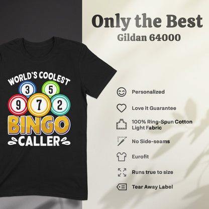 Black t-shirt with "World's Coolest Bingo Caller" slogan and bingo balls.