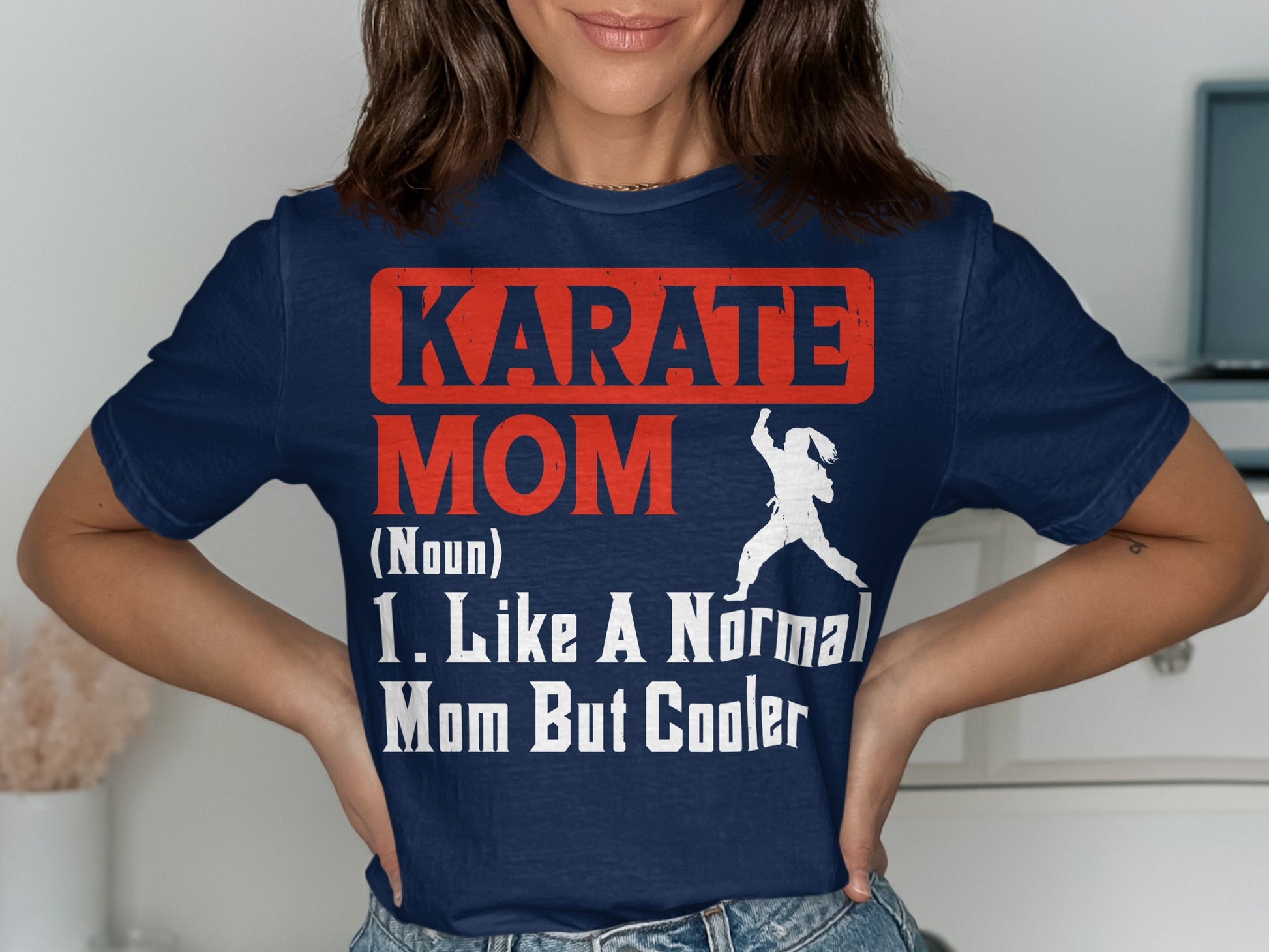 Navy t-shirt with "KARATE MOM" text and karate silhouette.