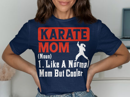 Navy t-shirt with "KARATE MOM" text and karate silhouette.