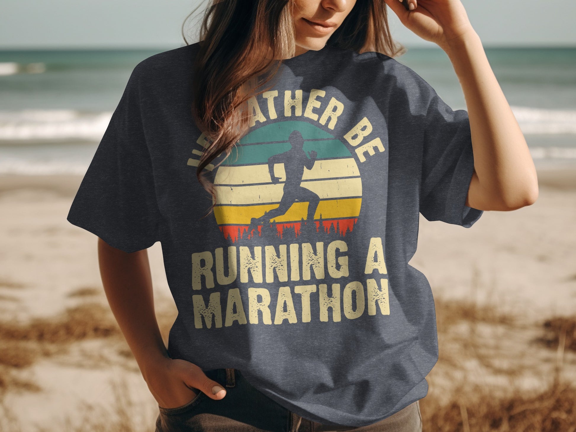 Graphic t-shirt with a runner silhouette and text "I'd Rather Be Running a Marathon".