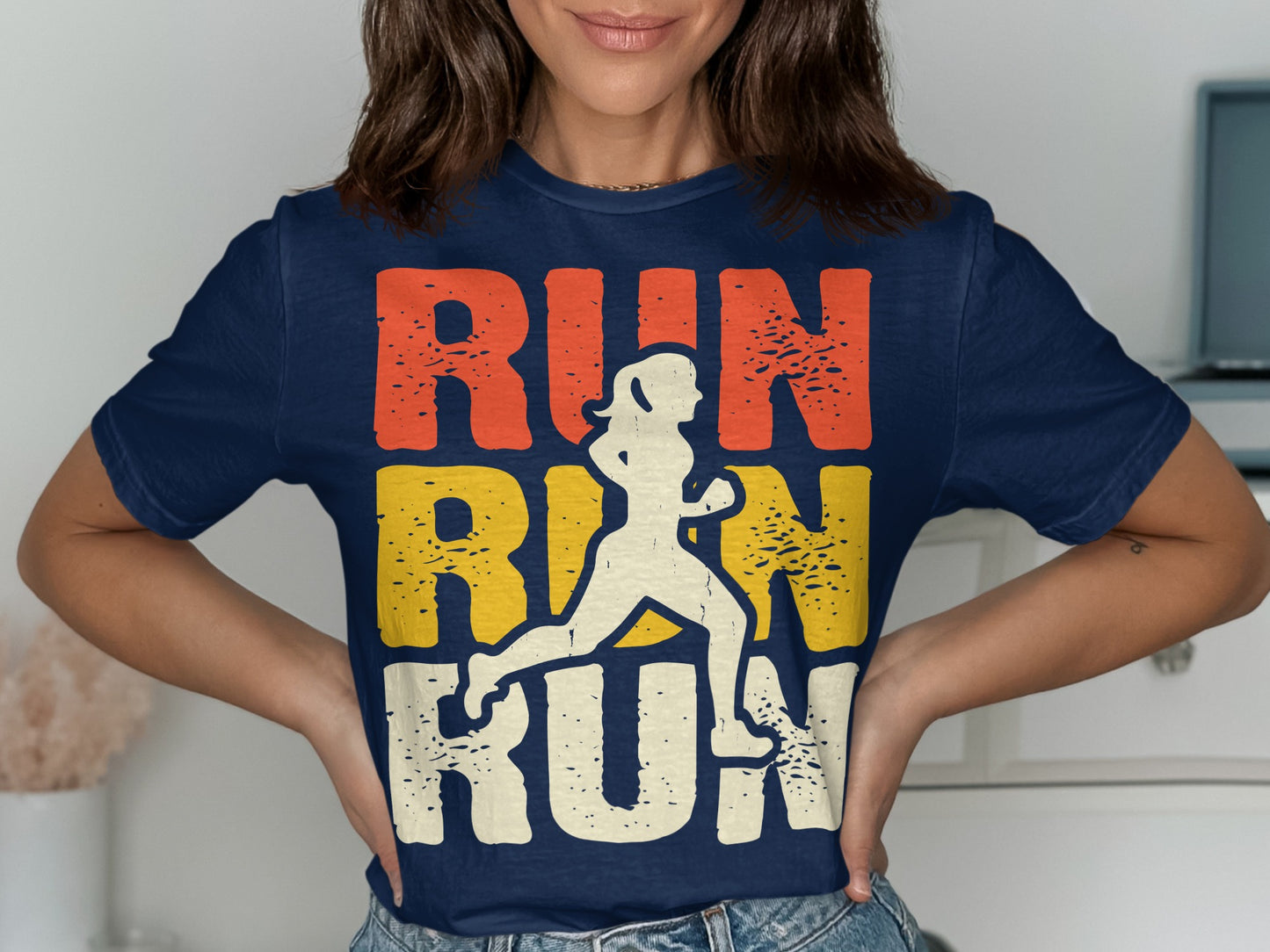 Dark blue t-shirt with distressed "RUN RUN RUN" text and silhouette of a runner.