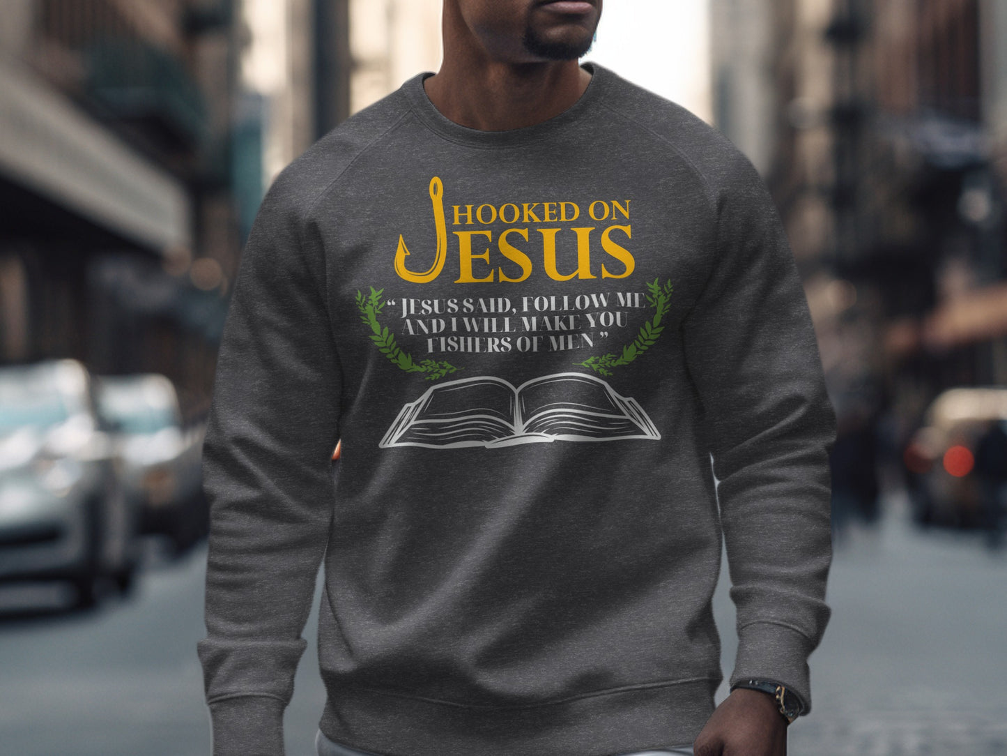 Dark gray sweatshirt with "Hooked on Jesus" and Bible quote.