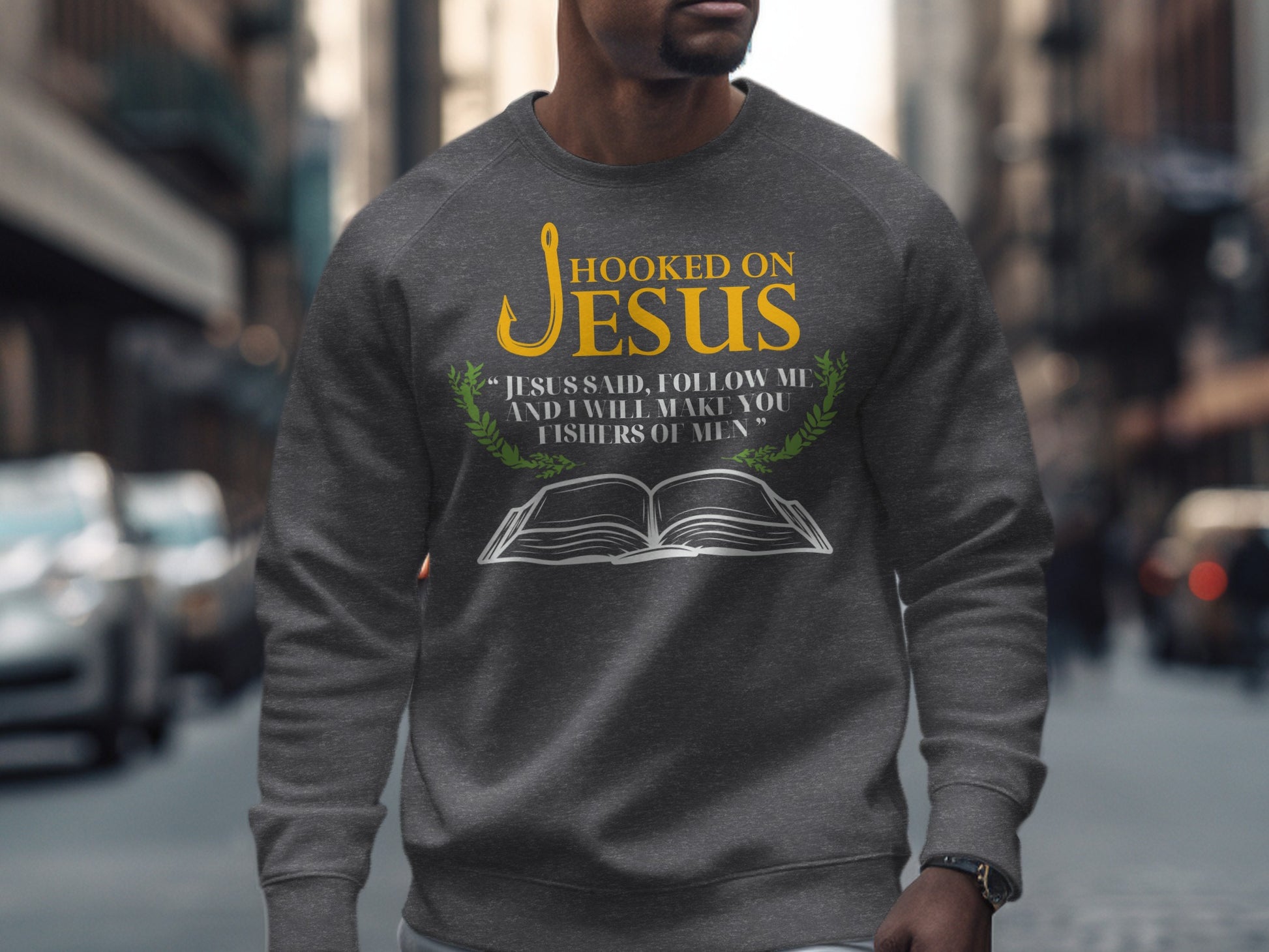 Dark gray sweatshirt with "Hooked on Jesus" and Bible quote.