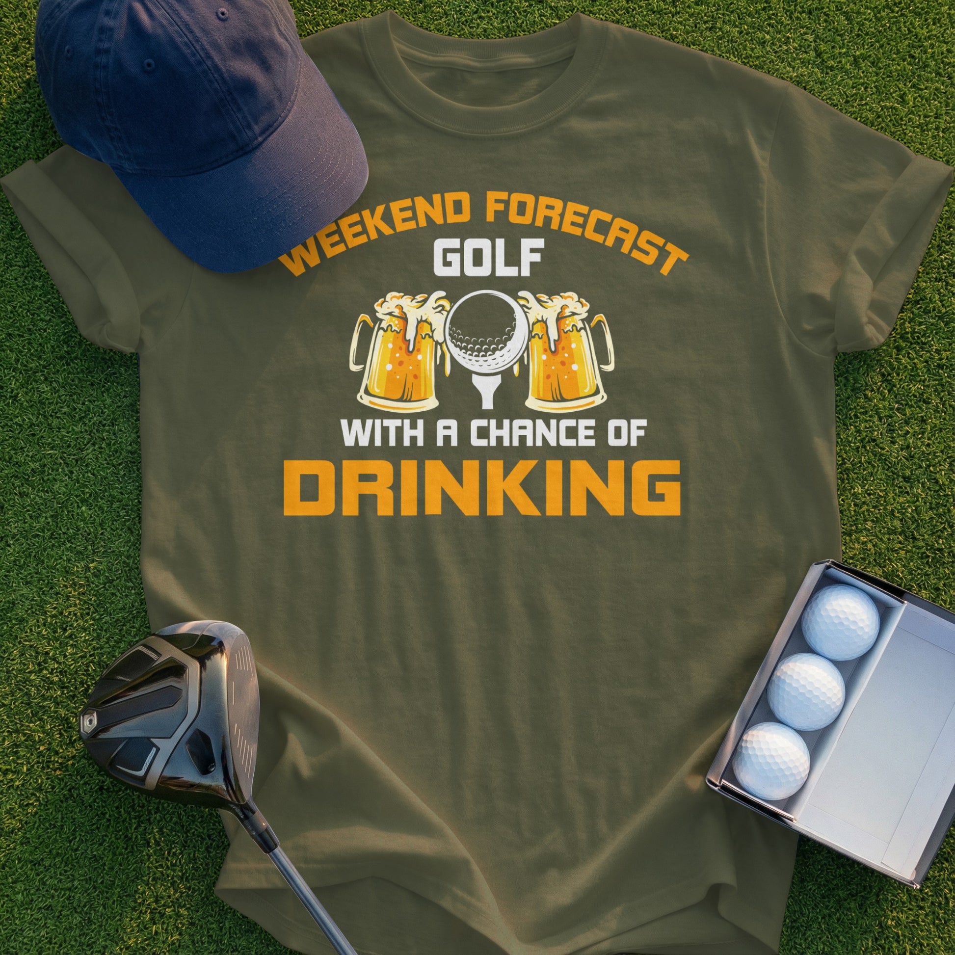 Green t-shirt with "Weekend Forecast: Golf with a Chance of Drinking" text and beer mugs.
