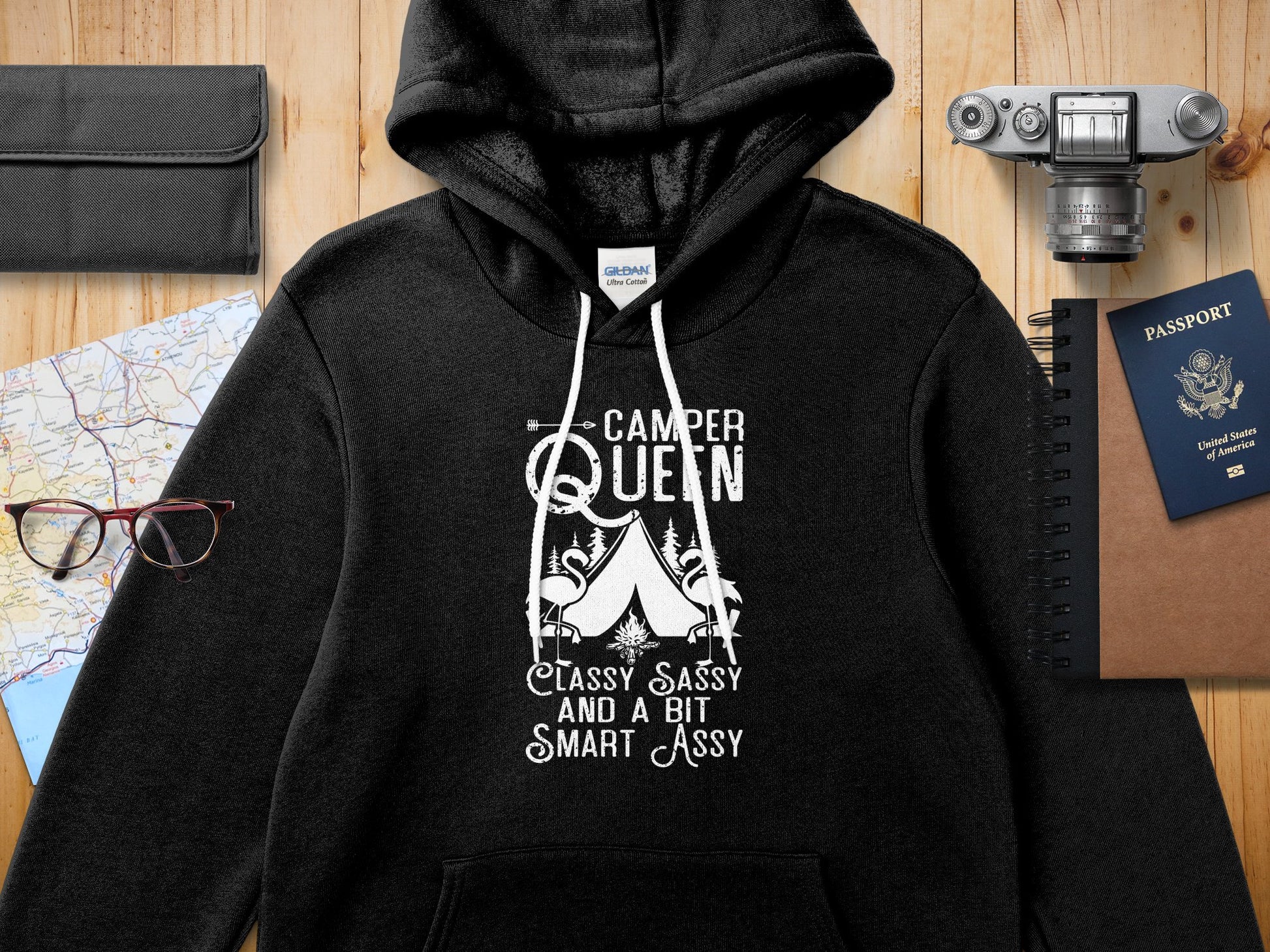 Black Gildan hoodie with "Camper Queen" and "Classy Sassy and a Bit Smart Assy" text.