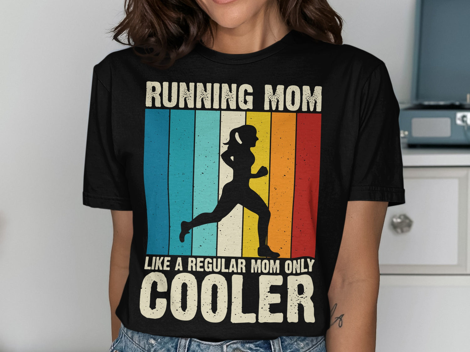Running mom graphic with silhouette and retro striped background.