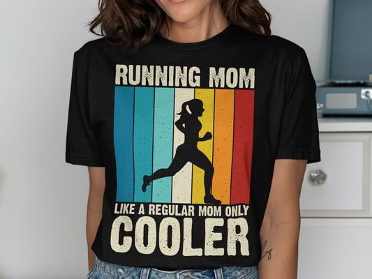Running mom graphic with silhouette and retro striped background.