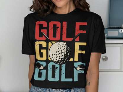 Retro GOLF text with a golf ball and tees graphic on a t-shirt.