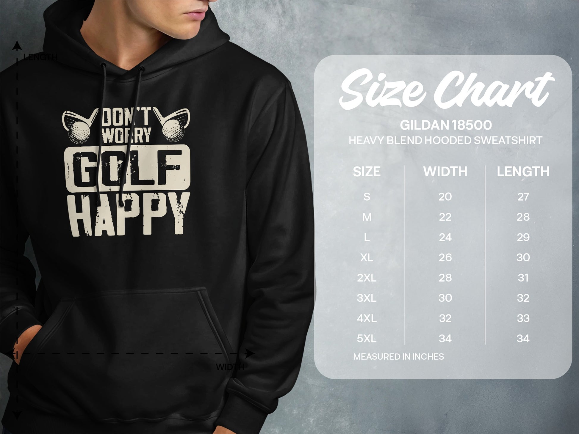 Hooded sweatshirt with "Golf Happy" graphic and Gildan 18500 size chart.