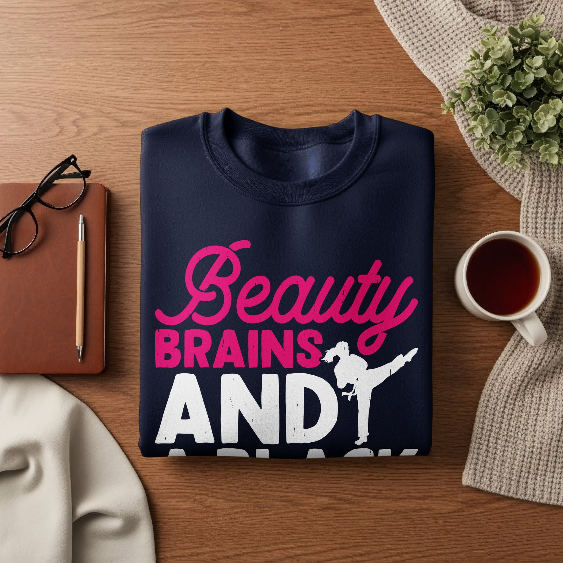 Navy sweatshirt with "Beauty Brains AND" text and a karate silhouette.
