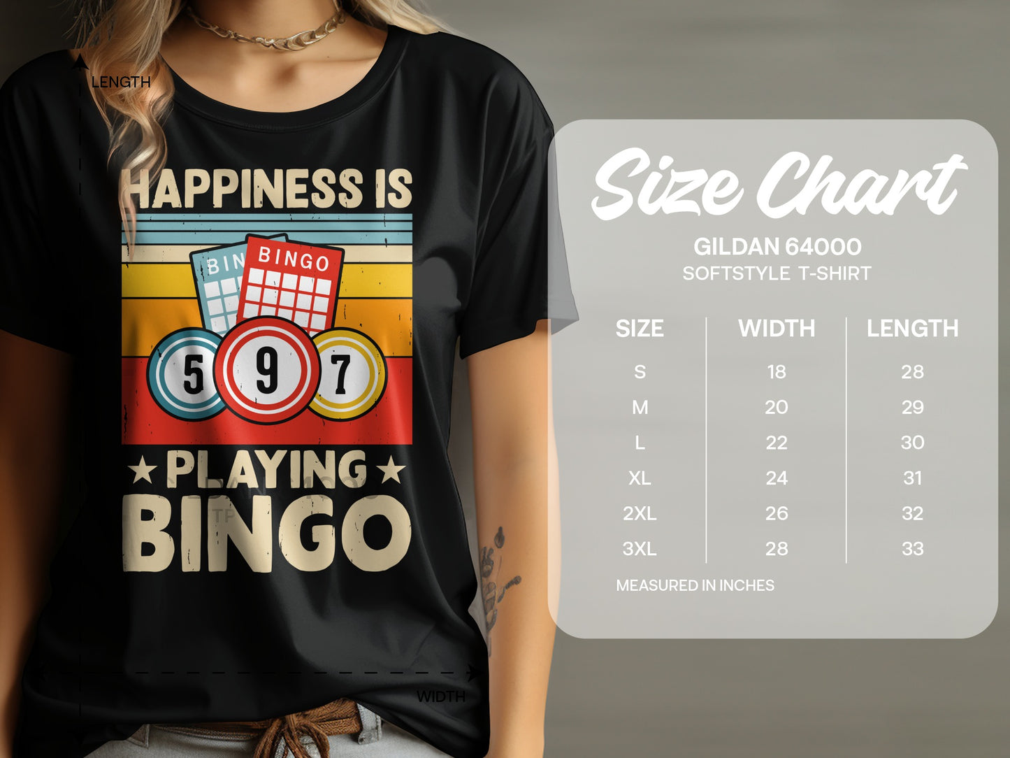 T-shirt with "Happiness is Playing Bingo" graphic and size chart.
