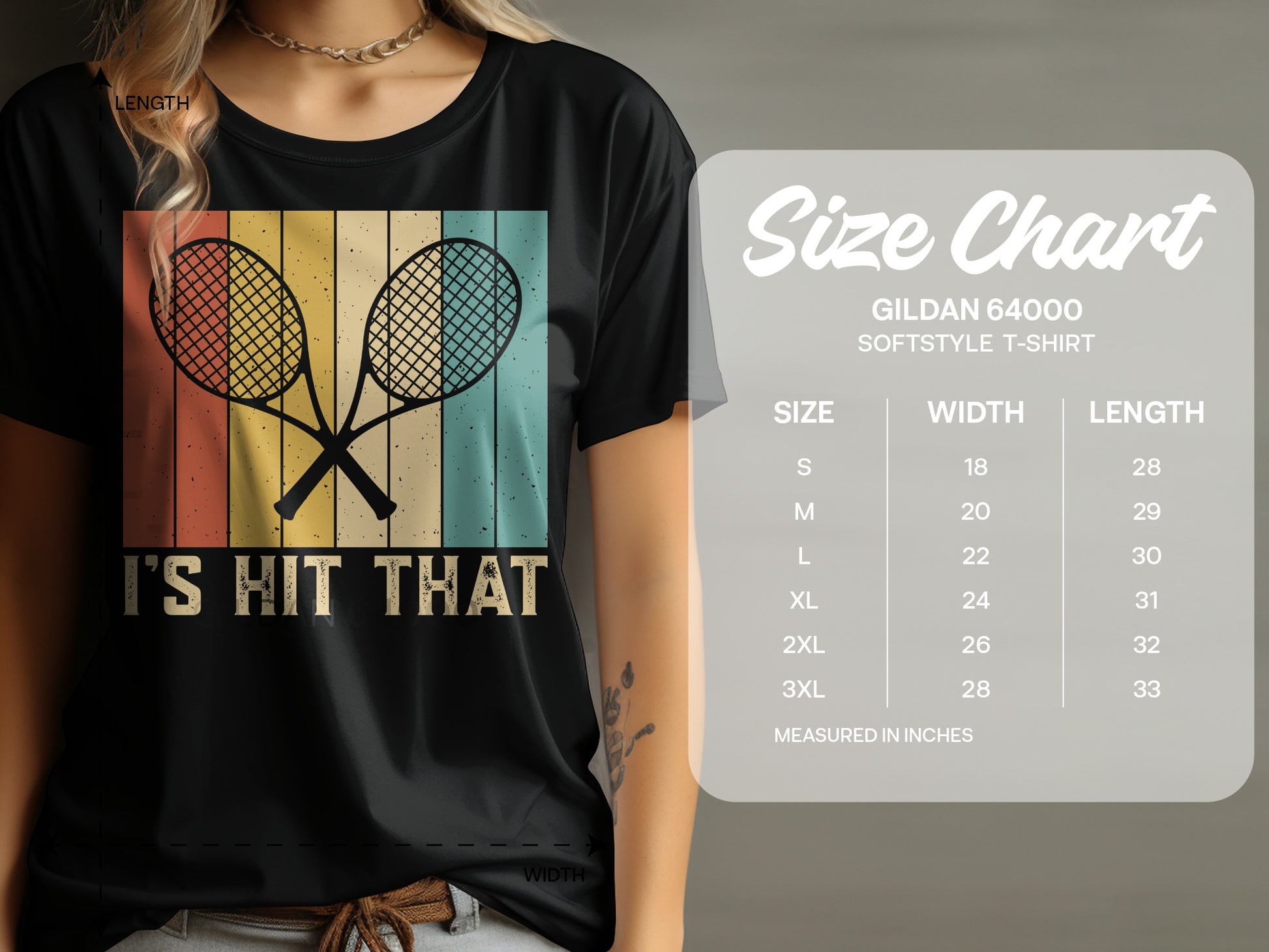 Black t-shirt with "I'S HIT THAT" and crossed tennis rackets graphic.
