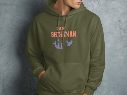 Olive green hoodie with "I AM SHIRMAN" and fishing graphic.