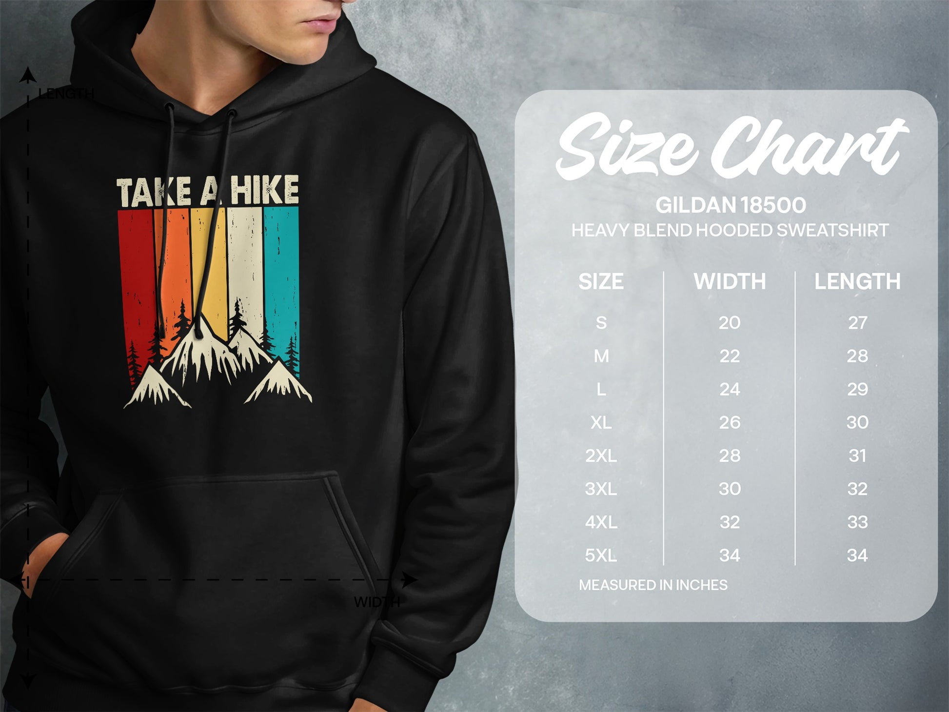 Black hoodie with "TAKE A HIKE" graphic and size chart.