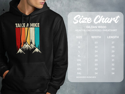 Black hoodie with "TAKE A HIKE" graphic and size chart.