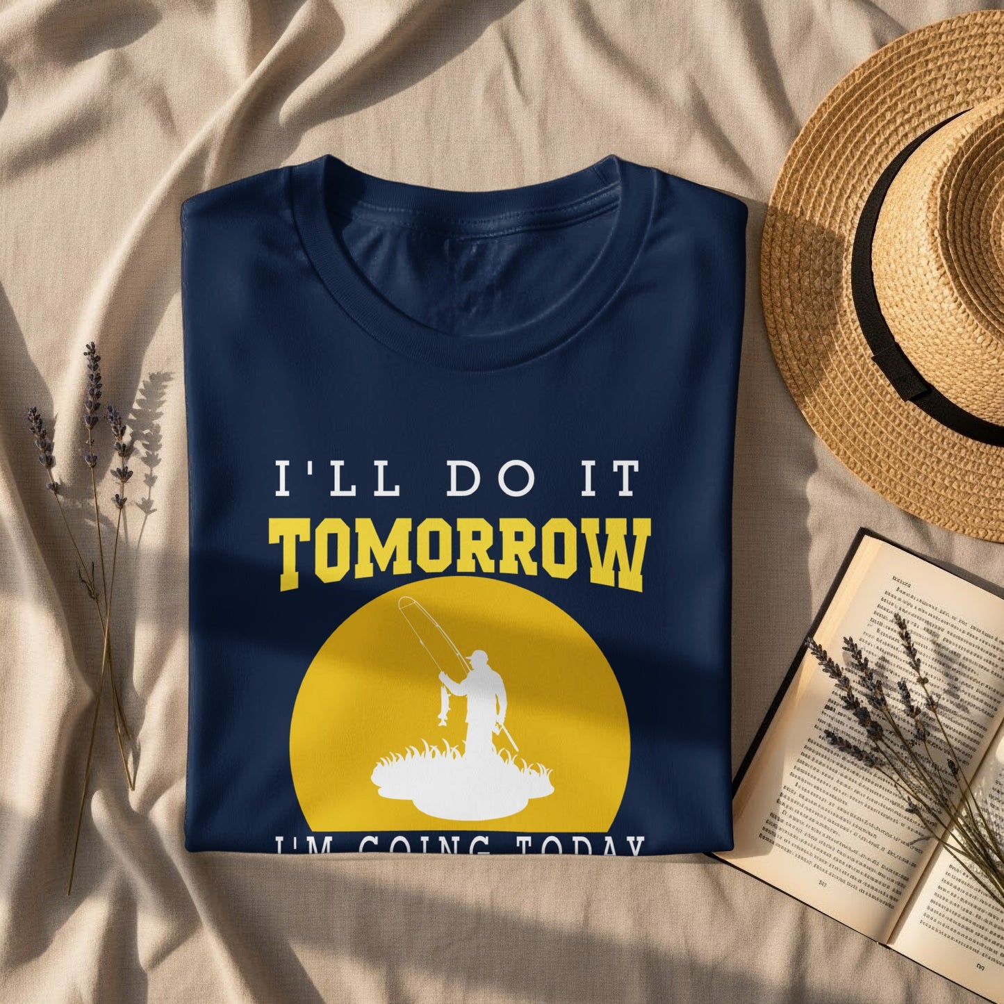 Navy t-shirt with "I'LL DO IT TOMORROW I'M GOING TODAY" and a fishing graphic.