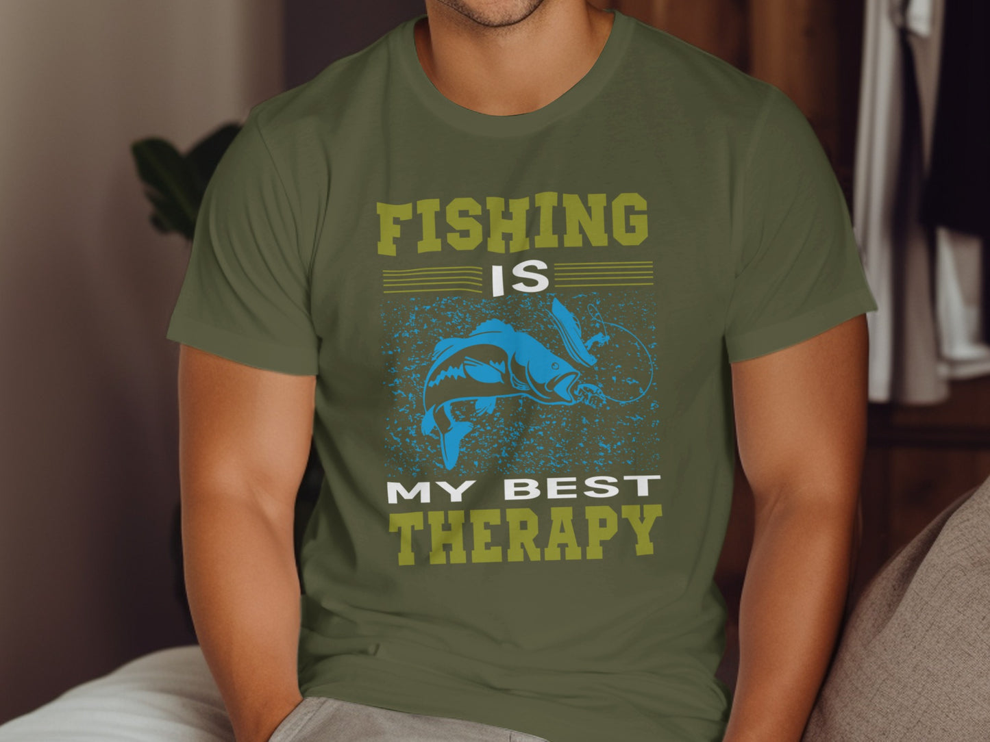 Green t-shirt with "Fishing is My Best Therapy" text and fish graphic.