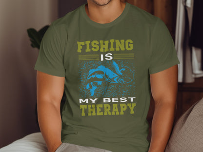 Green t-shirt with "Fishing is My Best Therapy" text and fish graphic.